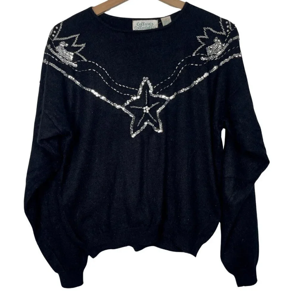 Vintage 80s Angora Rabbit Hair Sweater with Rhinestone and Sequin Embellishments